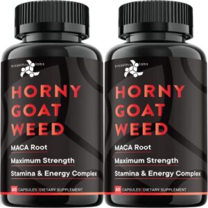 horny goat weed by breakthru labs 1000mg max strength - maca root, ginseng, tongkat ali root, saw palmetto, l-arginine - usa made - stamina and energy complex - 2-pack 120 count