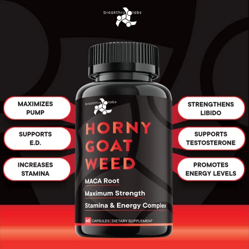 Horny Goat Weed by Breakthru Labs 1000mg Max Strength - Maca Root, Ginseng, Tongkat Ali Root, Saw Palmetto, L-Arginine - USA Made - Stamina and Energy Complex - 2-Pack 120 Count