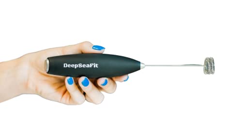 DeepSeaFit Hand Blender & Mixer for Pre-Workout, Protein, Formula, Powder Supplements, Coffee Art, Mixer Stick, Hand Mixer Electric, Milk Frother Batteries Included, Veteran Owned & Operated (Black)