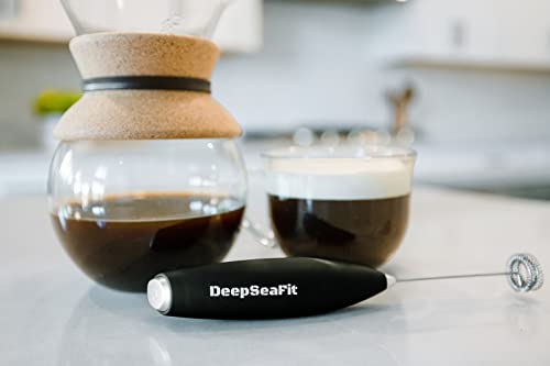 DeepSeaFit Hand Blender & Mixer for Pre-Workout, Protein, Formula, Powder Supplements, Coffee Art, Mixer Stick, Hand Mixer Electric, Milk Frother Batteries Included, Veteran Owned & Operated (Black)