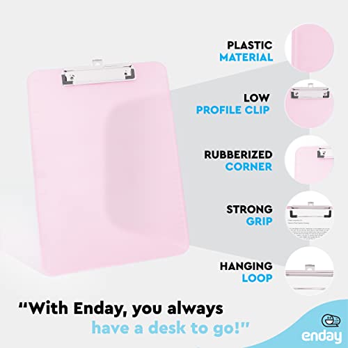 Plastic Clipboard Standard Size Pink, Translucent Low Profile Clip Board, Hangable Clipboard, 12.7” x 9”, Holds 100 Sheets, Also Available in Blue, Purple, Green, Red, Grey, 1 Pc - by Enday