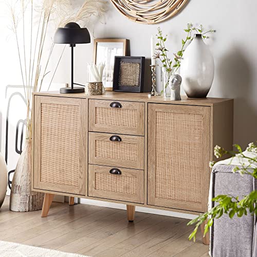 Sophia & William Buffet Sideboard, Rattan Storage Cabinet with 3 Drawers and 2 Doors, Cupboard Console Table with Adjustable Shelves for Kitchen, Dining Room, Living Room, Entryway