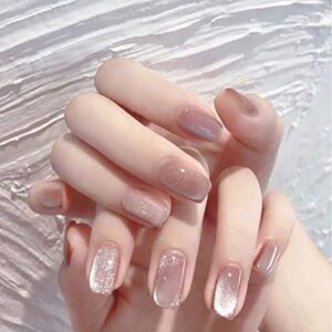 press on nails cat eye effect glossy full cover short almond false nails for women and girls,24 pcs acrylic nail tips with adhesive tabs