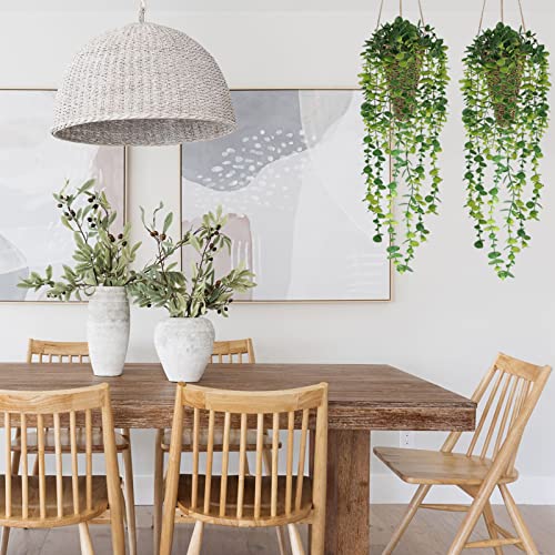 Nisoger Fake Hanging Plant with Woven Basket, 2 Pack Artificial Hanging Plants, Faux Vines Eucalyptus Leaf Hanging Pot Plant for Wall Home Room Indoor Outdoor Bedroom Bathroom Office Decor