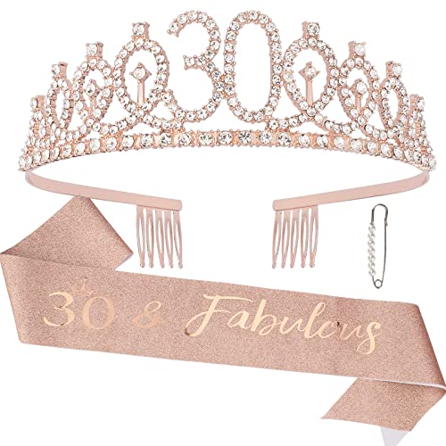 CAVETEE Rose Gold 30 & Fabulous Birthday Sash and Crown 30th Birthday Tiaras and Sash Set for Women Birthday Decorations Birthday Queen Crowns Tiaras for Women