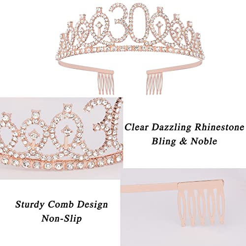 CAVETEE Rose Gold 30 & Fabulous Birthday Sash and Crown 30th Birthday Tiaras and Sash Set for Women Birthday Decorations Birthday Queen Crowns Tiaras for Women