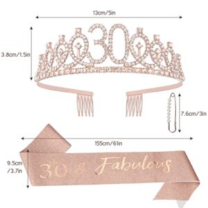 CAVETEE Rose Gold 30 & Fabulous Birthday Sash and Crown 30th Birthday Tiaras and Sash Set for Women Birthday Decorations Birthday Queen Crowns Tiaras for Women