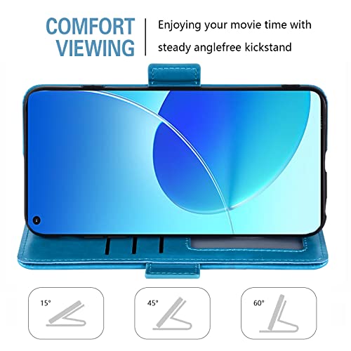 Asuwish Compatible with Oppo Reno 6 5G Wallet Case and Tempered Glass Screen Protector Flip Purse Accessories Wrist Strap Credit Card Holder Stand Cell Phone Cover for Reno6 2021 Women Men Blue