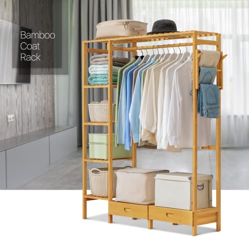 MoNiBloom Bamboo Free-standing Closet Organizer with Pants Scarves Racks and a Hanging Rob, Extra 5 Clothing Storage Shelving and 2 Drawers for Bedroom Living Room, Natural