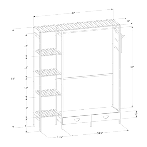 MoNiBloom Bamboo Free-standing Closet Organizer with Pants Scarves Racks and a Hanging Rob, Extra 5 Clothing Storage Shelving and 2 Drawers for Bedroom Living Room, Natural