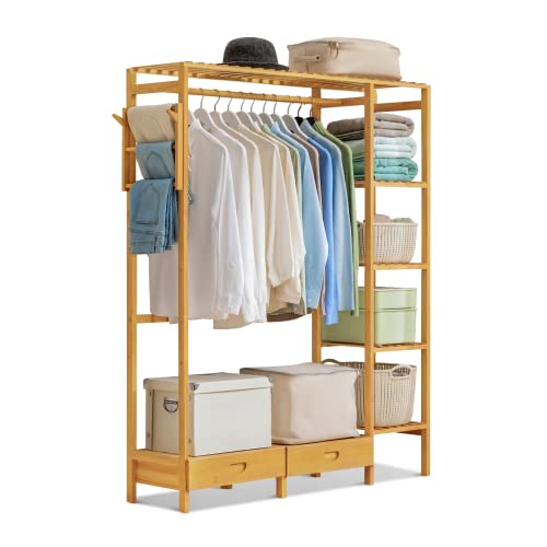 MoNiBloom Bamboo Free-standing Closet Organizer with Pants Scarves Racks and a Hanging Rob, Extra 5 Clothing Storage Shelving and 2 Drawers for Bedroom Living Room, Natural