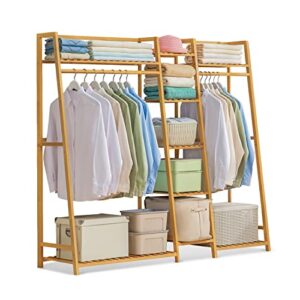 monibloom bamboo trapezoid clothing rack with 5-tier storage shelves multi-functional clothes rack, clothes hanging rack stand for bedroom living room, natural