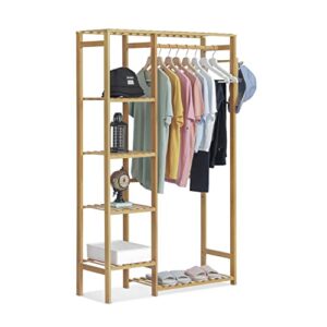 monibloom bamboo garment rack with shelves 6 tier closet coat storage organizer clothes hanging rack with pants rack & hooks for bedroom living room office mudroom, natural