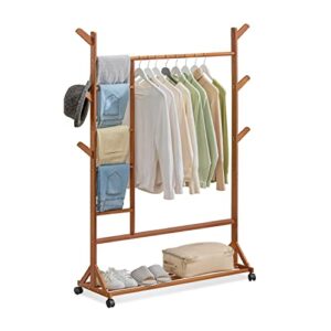 monibloom clothes rack with wheels, bamboo 2-in-1 freestanding rolling garment rack closet with bottom storage shelf with 6 side hooks & 5 pants racks for bedroom laundry room, brown
