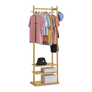 monibloom bamboo freestanding garment rack with shelves and hooks tall 3 tiers clothes racks clothing storage shelving w/pants racks for bedroom laundry room guest room, natural