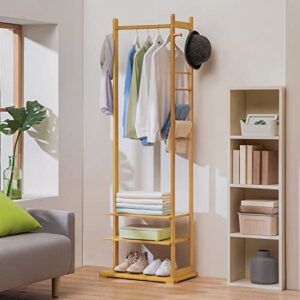 MoNiBloom Bamboo Freestanding Garment Rack with Shelves and Hooks Tall 3 Tiers Clothes Racks Clothing Storage Shelving w/Pants Racks for Bedroom Laundry Room Guest Room, Natural