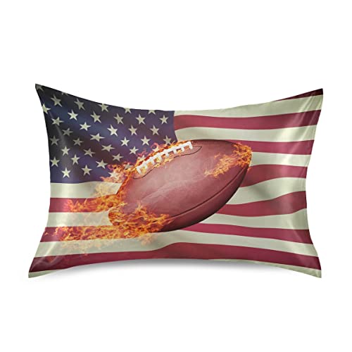 American Flag Football Fire Satin Pillowcase Silk Pillow Case for Hair and Skin Pillow Covers with Envelope Closure,Standard Size 20x26 Inch