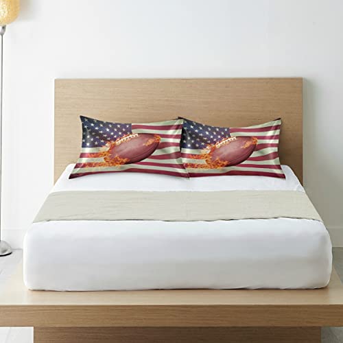 American Flag Football Fire Satin Pillowcase Silk Pillow Case for Hair and Skin Pillow Covers with Envelope Closure,Standard Size 20x26 Inch