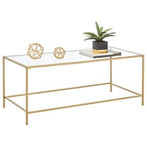 mdesign glass top coffee table - large minimalistic rectangular geometric metal accent furniture unit for living room, basement, home office, garage, and bedroom - soft brass