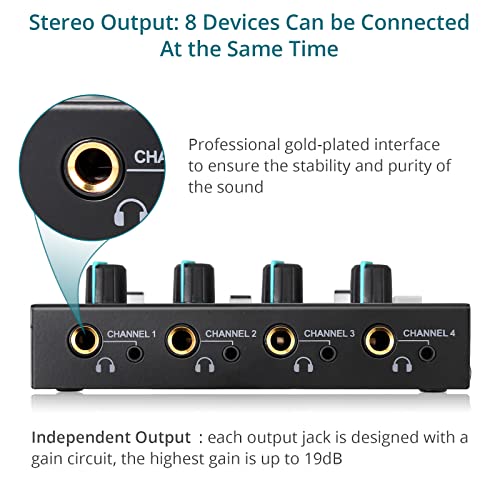 Headphone Amplifier, YGiTK 4 Channels Mono/Stereo Metal Stereo Headphone Amps-4x Quarter Inch and 8X Quarter Inch TRS Headphones Output and 1/4" & 1/8"& AV Audio Input(Including Audio Cable)