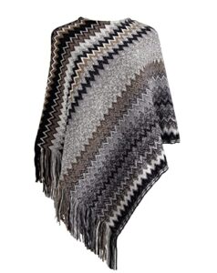 stylesilove women autumn winter knitted zig-zag pullover fringe poncho sweater soft wrap cape lightweight shawl (black)