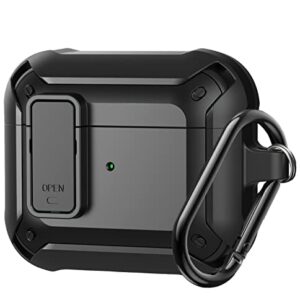 Olytop AirPods 3rd Generation Case with Lock Lid, Armor AirPod 3 Case Cover Full-Body Rugged Protective Case Shockproof Cover Men with Carabiner for Apple Airpods 3rd Gen Case-Black