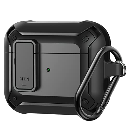 Olytop AirPods 3rd Generation Case with Lock Lid, Armor AirPod 3 Case Cover Full-Body Rugged Protective Case Shockproof Cover Men with Carabiner for Apple Airpods 3rd Gen Case-Black