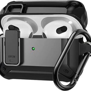 Olytop AirPods 3rd Generation Case with Lock Lid, Armor AirPod 3 Case Cover Full-Body Rugged Protective Case Shockproof Cover Men with Carabiner for Apple Airpods 3rd Gen Case-Black