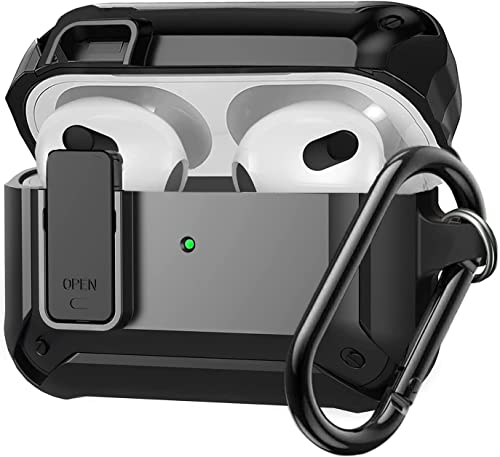 Olytop AirPods 3rd Generation Case with Lock Lid, Armor AirPod 3 Case Cover Full-Body Rugged Protective Case Shockproof Cover Men with Carabiner for Apple Airpods 3rd Gen Case-Black