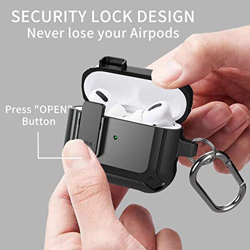 Olytop AirPods 3rd Generation Case with Lock Lid, Armor AirPod 3 Case Cover Full-Body Rugged Protective Case Shockproof Cover Men with Carabiner for Apple Airpods 3rd Gen Case-Black