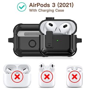 Olytop AirPods 3rd Generation Case with Lock Lid, Armor AirPod 3 Case Cover Full-Body Rugged Protective Case Shockproof Cover Men with Carabiner for Apple Airpods 3rd Gen Case-Black