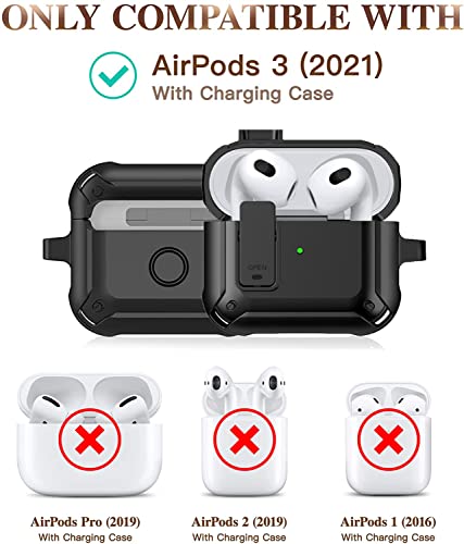 Olytop AirPods 3rd Generation Case with Lock Lid, Armor AirPod 3 Case Cover Full-Body Rugged Protective Case Shockproof Cover Men with Carabiner for Apple Airpods 3rd Gen Case-Black