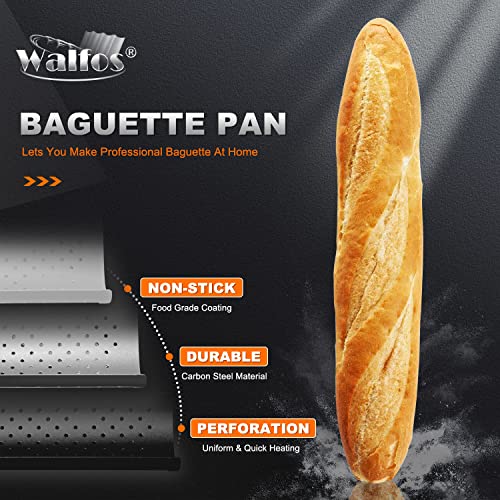 Walfos 2 Pack Nonstick Baguette Pans, No Coating Coming Off, Perforated 4 Loaves French Bread Pan, Durable Baguettes Bakery Tray for Baking Molding, 15" x 13"