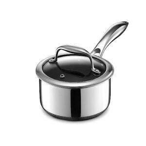 hexclad 1 quart hybrid stainless steel pot with glass lid, stay cool handle, non-stick, dishwasher, oven safe, works on induction, ceramic and gas cooktops