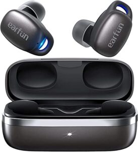earfun free pro 2 wireless earbuds, hybrid active noise cancelling, bluetooth 5.2 with 6 mics, stereo sound deep bass in-ear headphones, game mode, wireless charging, black