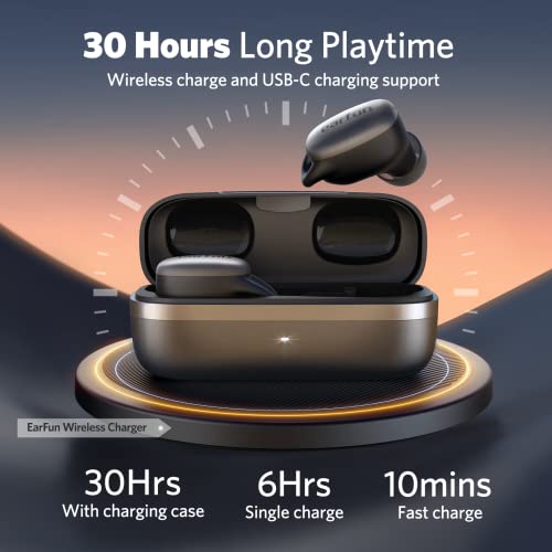 EarFun Free Pro 2 Wireless Earbuds, Hybrid Active Noise Cancelling, Bluetooth 5.2 with 6 Mics, Stereo Sound Deep Bass In-Ear Headphones, Game Mode, Wireless Charging, Black