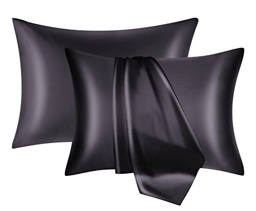 NOLRDR Mulberry Silk Pillowcase 2 Pack for Hair and Skin with Hidden Zipper,Both Sides 19 Momme Smooth and Breathable Silk Pillow Cases Set of 2 (Black, Standard 20''×26'')