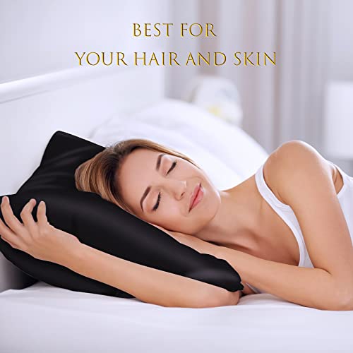 NOLRDR Mulberry Silk Pillowcase 2 Pack for Hair and Skin with Hidden Zipper,Both Sides 19 Momme Smooth and Breathable Silk Pillow Cases Set of 2 (Black, Standard 20''×26'')