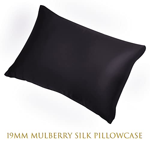 NOLRDR Mulberry Silk Pillowcase 2 Pack for Hair and Skin with Hidden Zipper,Both Sides 19 Momme Smooth and Breathable Silk Pillow Cases Set of 2 (Black, Standard 20''×26'')