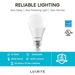 LUXRITE A19 LED Light Bulbs 100 Watt Equivalent Dimmable, 3500K Natural White, 1600 Lumens, Enclosed Fixture Rated, Standard LED Bulbs 15W, Energy Star, E26 Medium Base - Indoor and Outdoor (4 Pack)