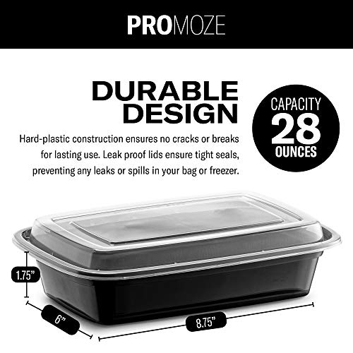 PROMOZE 15-Pack Meal Prep Plastic Microwavable Food Containers with Tight Safety Lid Covers (28 oz.) - Black Rectangular Reusable Storage Lunch Boxes - BPA-Free Food Grade - Freezer & Dishwasher Safe