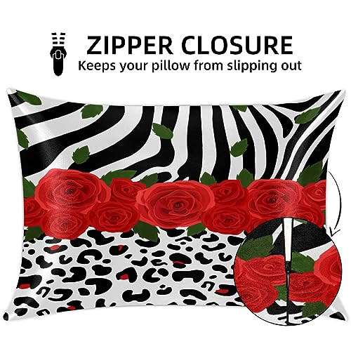 Satin Pillowcase for Hair and Skin Leopard Zebra Print Rose Silk Pillowcase with Zipper, Soft Silky Pillow Cover Standard Size (20x26 Inches), Slip Cooling Satin Pillow Cases