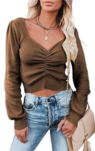 prettygarden fall long sleeve cropped sweaters for women 2023 off the shoulder v neck ruched ribbed knit going out tops (coffee, medium)