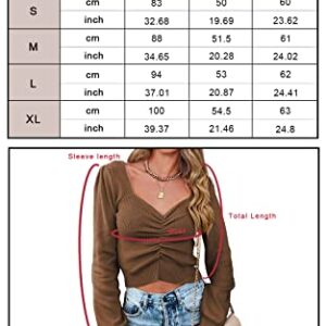 PRETTYGARDEN Fall Long Sleeve Cropped Sweaters for Women 2023 Off The Shoulder V Neck Ruched Ribbed Knit Going Out Tops (Coffee, Medium)