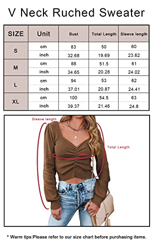 PRETTYGARDEN Fall Long Sleeve Cropped Sweaters for Women 2023 Off The Shoulder V Neck Ruched Ribbed Knit Going Out Tops (Coffee, Medium)