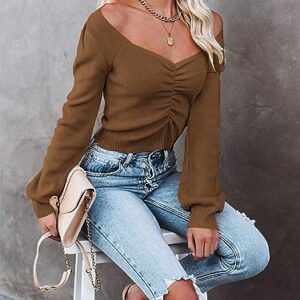 PRETTYGARDEN Fall Long Sleeve Cropped Sweaters for Women 2023 Off The Shoulder V Neck Ruched Ribbed Knit Going Out Tops (Coffee, Medium)