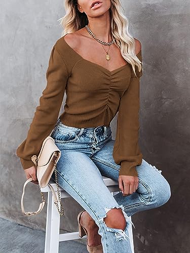 PRETTYGARDEN Fall Long Sleeve Cropped Sweaters for Women 2023 Off The Shoulder V Neck Ruched Ribbed Knit Going Out Tops (Coffee, Medium)