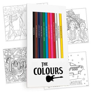 the colours colored pencil set & coloring pages for fans of the beatles | gift set of 12 beatles-inspired parody pencils with clever foil-stamped names plus 10 fun beatles coloring pages