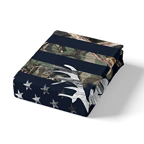 Camouflage USA Flag Bed Sheet Set Queen Size,Green Camo Grey Deer Antlers and Trees Quality Brushed Microfiber Luxury Bedding Set,American Flag Bedding (1 Fitted,1 Flat,2 Pillowcases),Soft Fabric