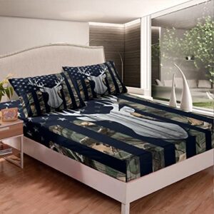 Camouflage USA Flag Bed Sheet Set Queen Size,Green Camo Grey Deer Antlers and Trees Quality Brushed Microfiber Luxury Bedding Set,American Flag Bedding (1 Fitted,1 Flat,2 Pillowcases),Soft Fabric